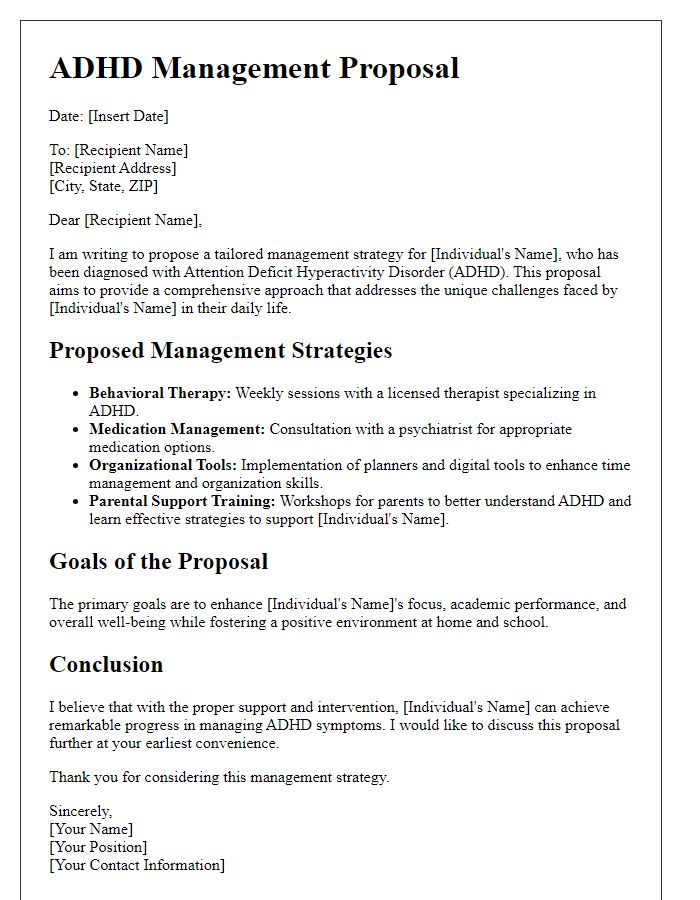 Letter template of specific ADHD management proposal.