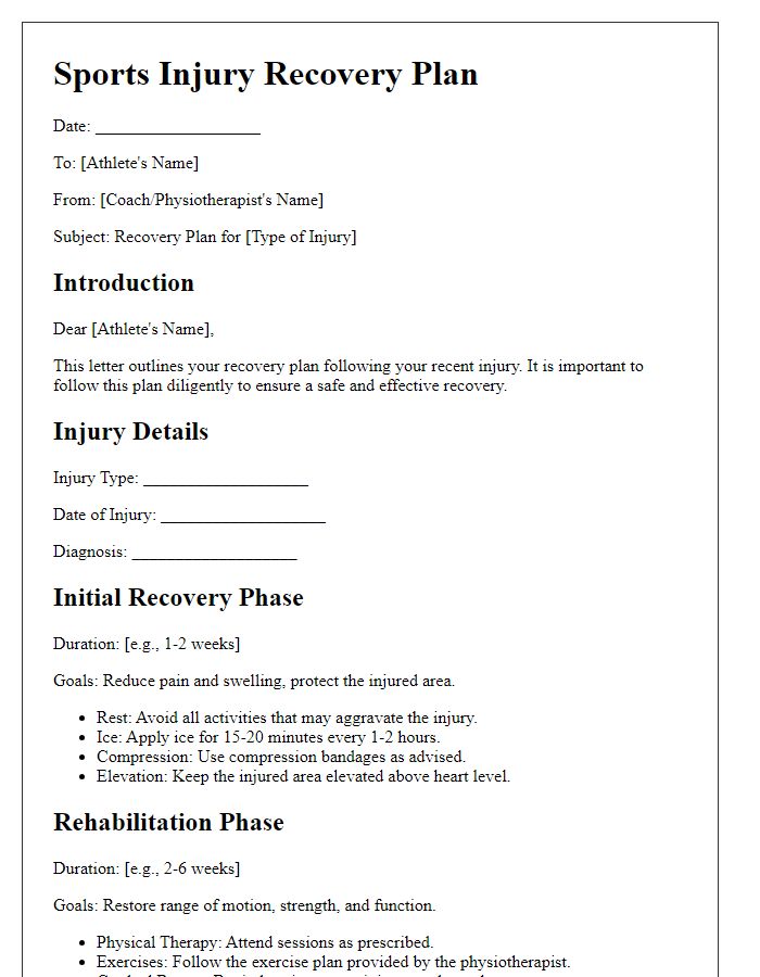 Letter template of sports injury recovery plan for athletes