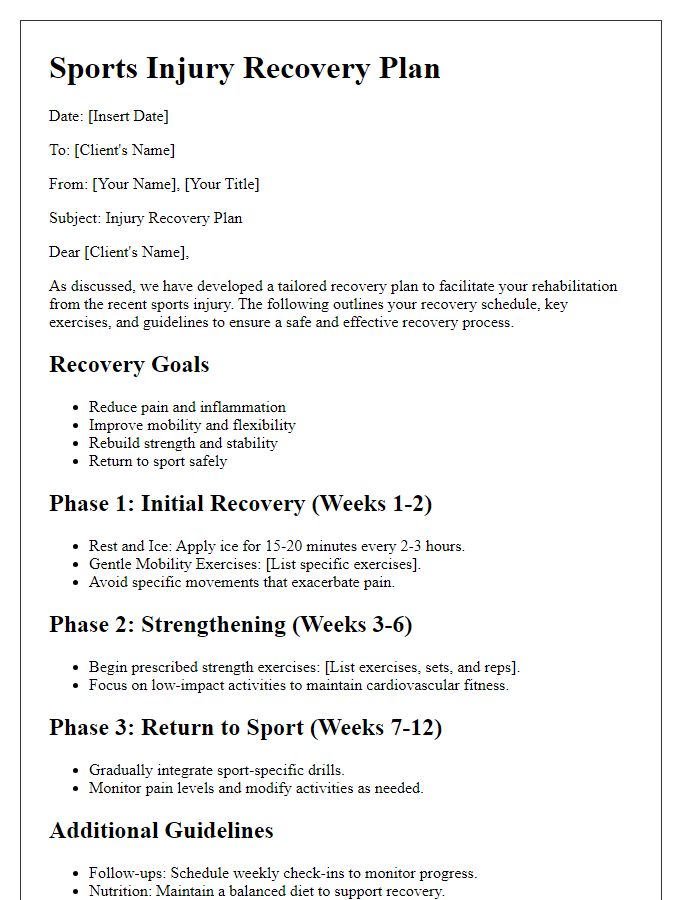 Letter template of sports injury recovery plan for fitness professionals