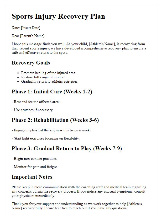 Letter template of sports injury recovery plan for parents