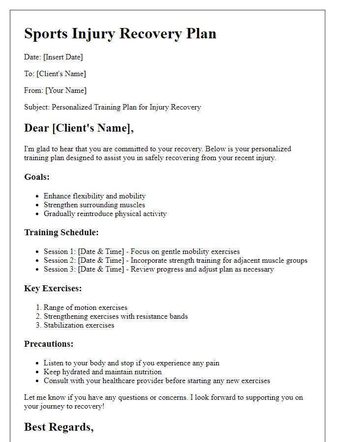 Letter template of sports injury recovery plan for personal training sessions