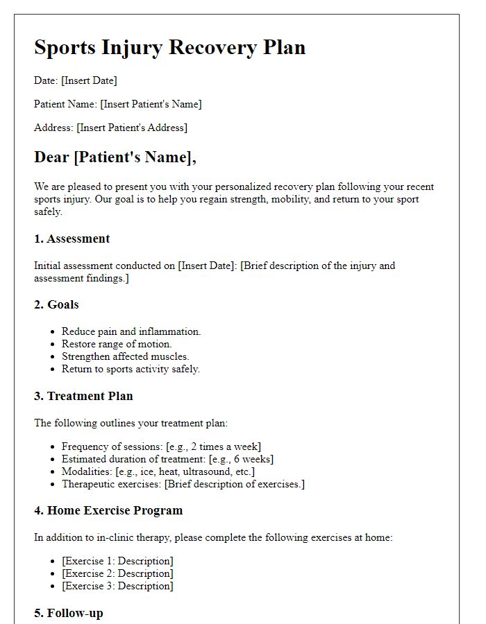 Letter template of sports injury recovery plan for physical therapists