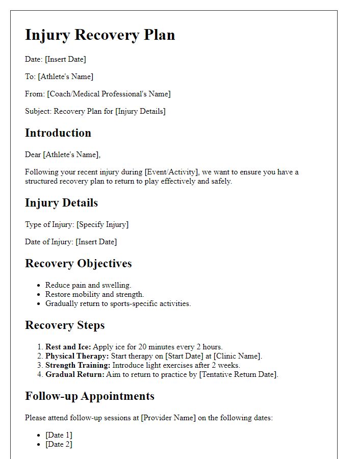 Letter template of sports injury recovery plan for recreational leagues