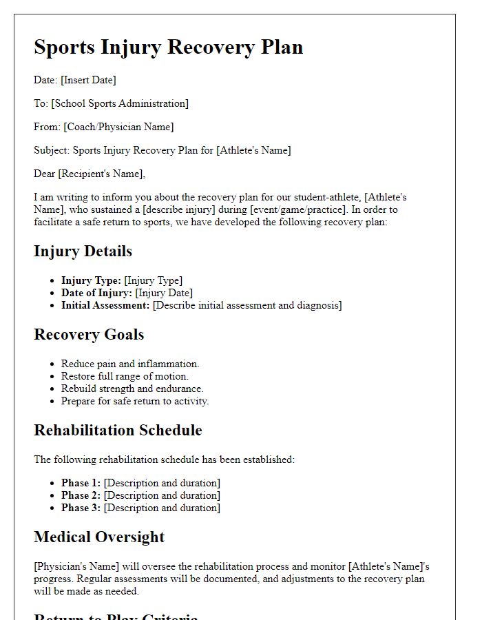 Letter template of sports injury recovery plan for school sports administration