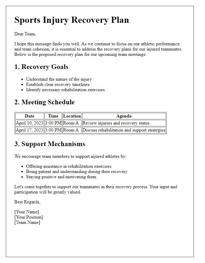 Letter template of sports injury recovery plan for team meetings