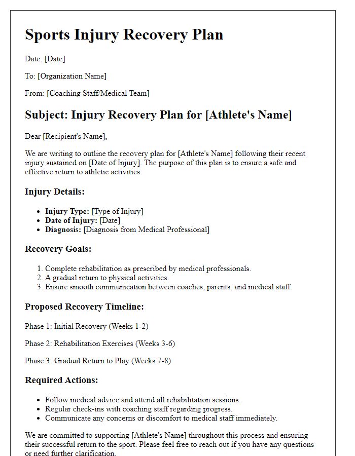 Letter template of sports injury recovery plan for youth sports organizations