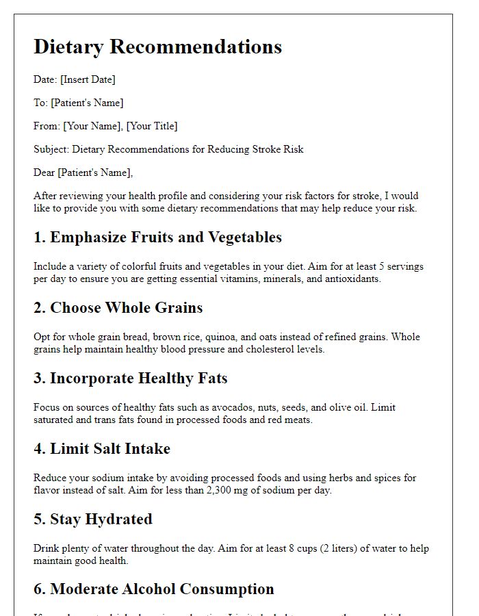 Letter template of dietary recommendations for reducing stroke risk.