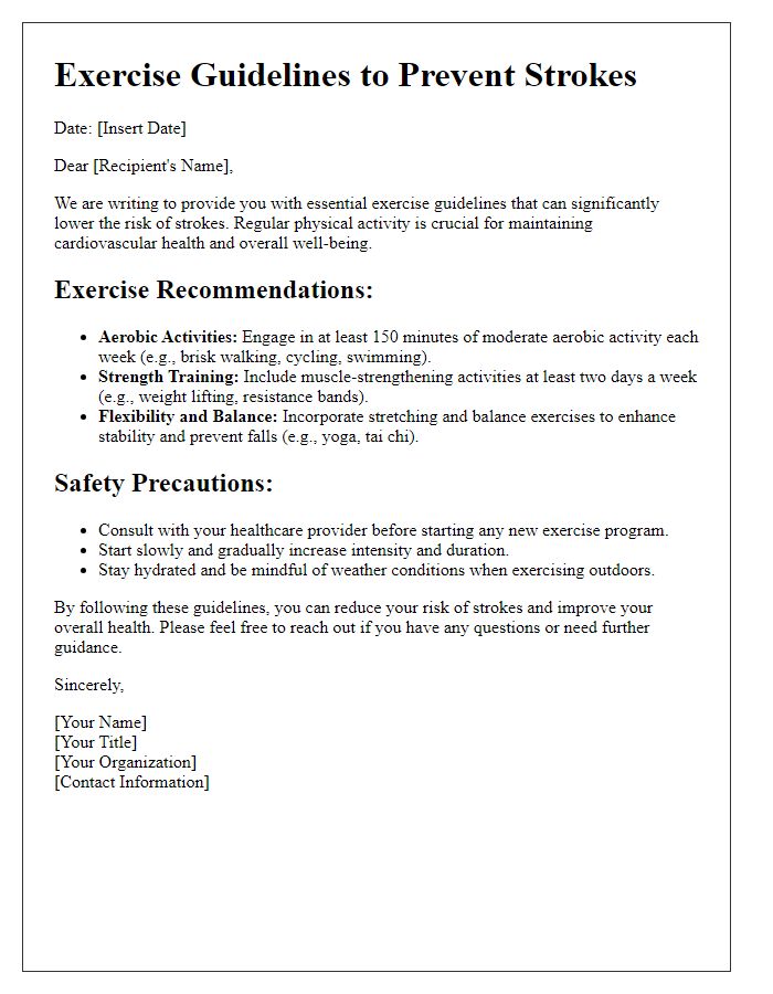 Letter template of exercise guidelines to prevent strokes.