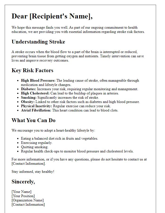 Letter template of health education materials on stroke risk factors.