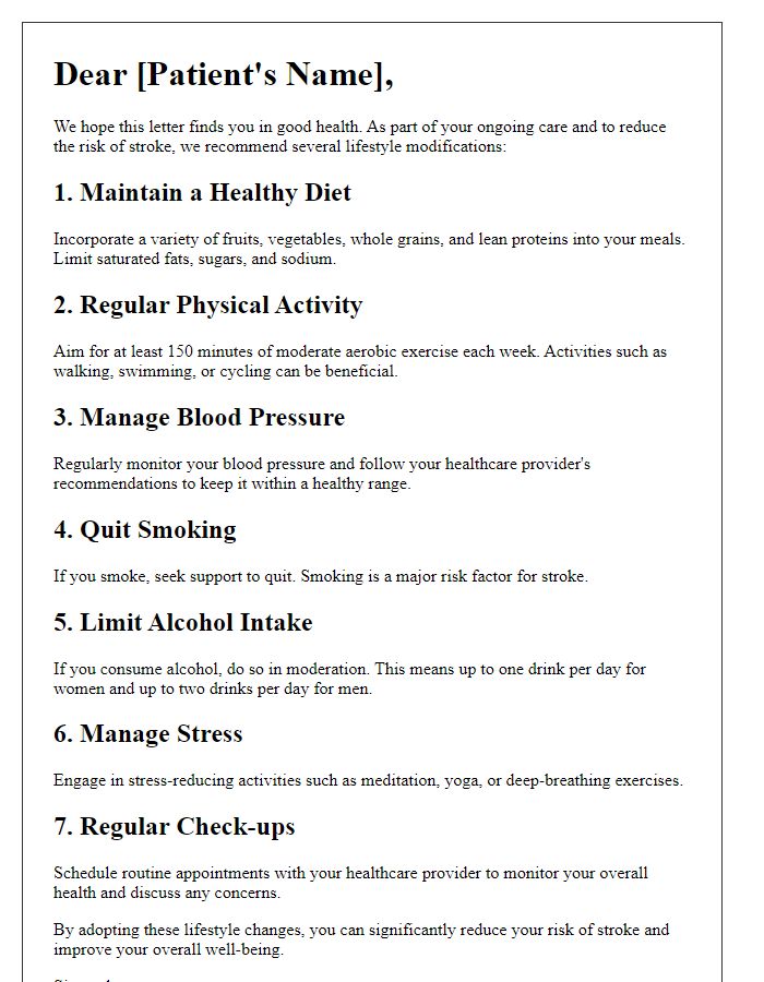 Letter template of lifestyle modifications for stroke prevention.