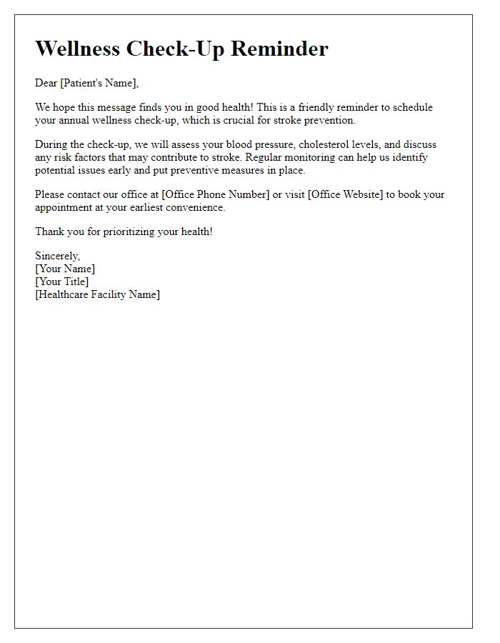 Letter template of wellness check-up reminders for stroke prevention.