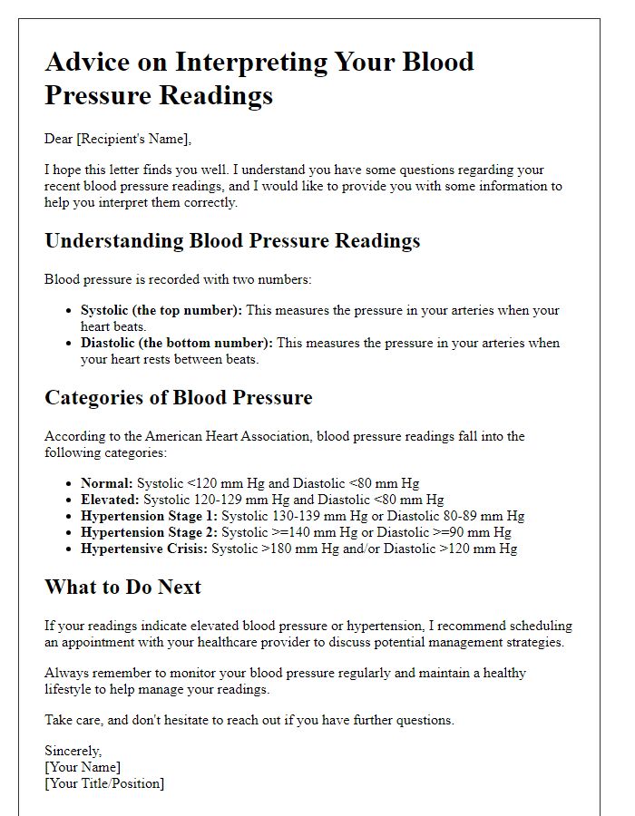 Letter template of advice for interpreting blood pressure readings.