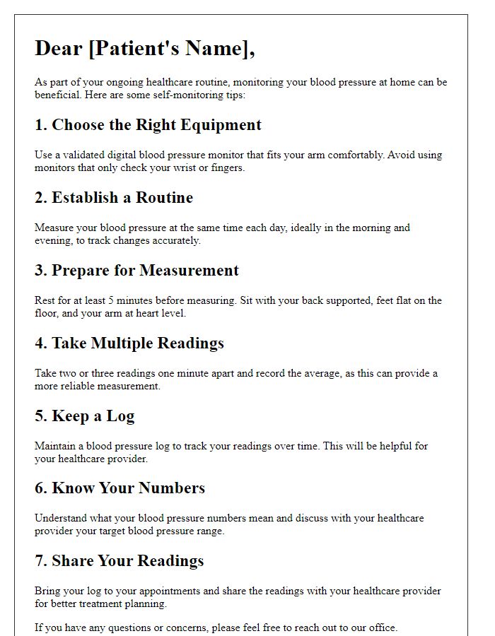 Letter template of blood pressure self-monitoring tips for patients.