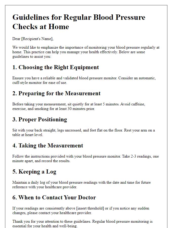 Letter template of guidelines for regular blood pressure checks at home.