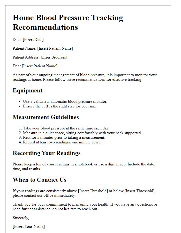 Letter template of home blood pressure tracking recommendations.