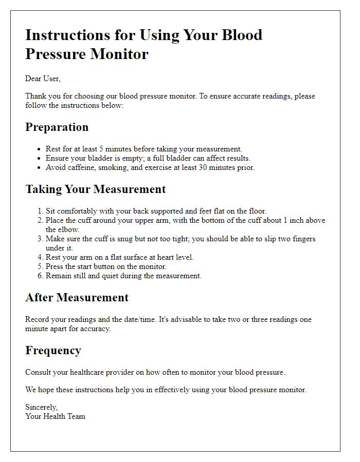 Letter template of instructions for using a blood pressure monitor effectively.