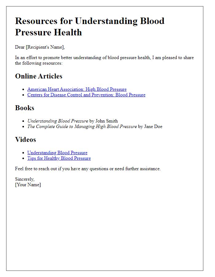 Letter template of resources for understanding blood pressure health.