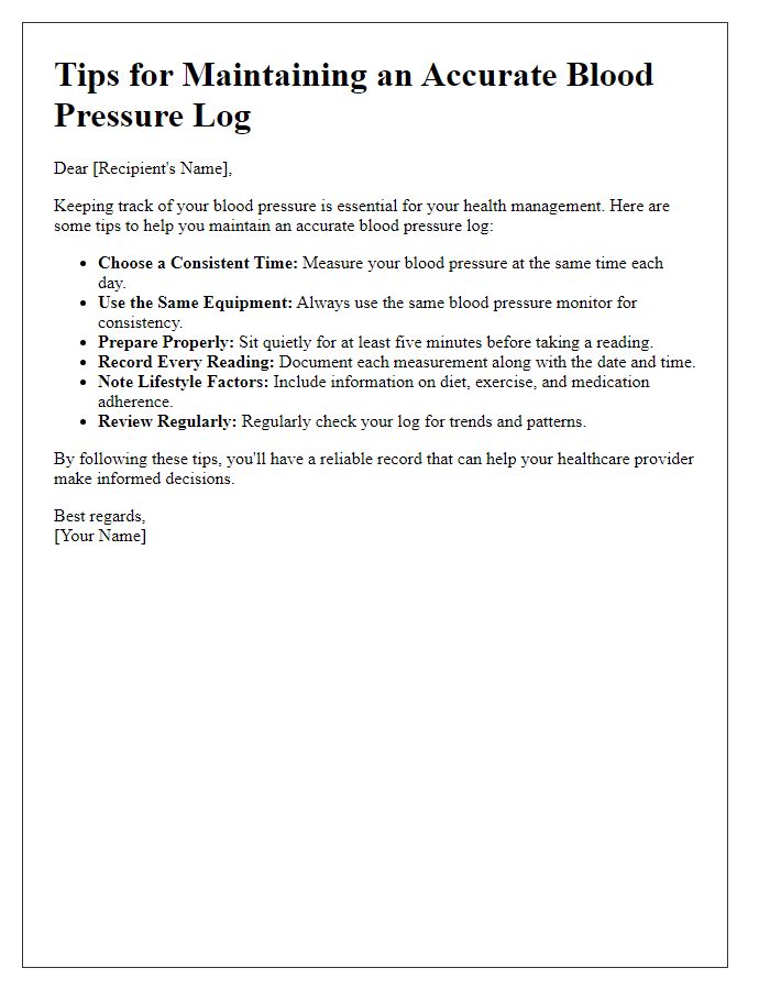 Letter template of tips for maintaining an accurate blood pressure log.