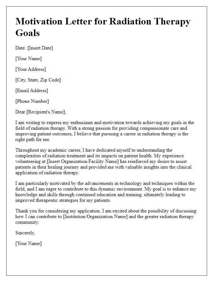 Letter template of motivation for reaching radiation therapy goals