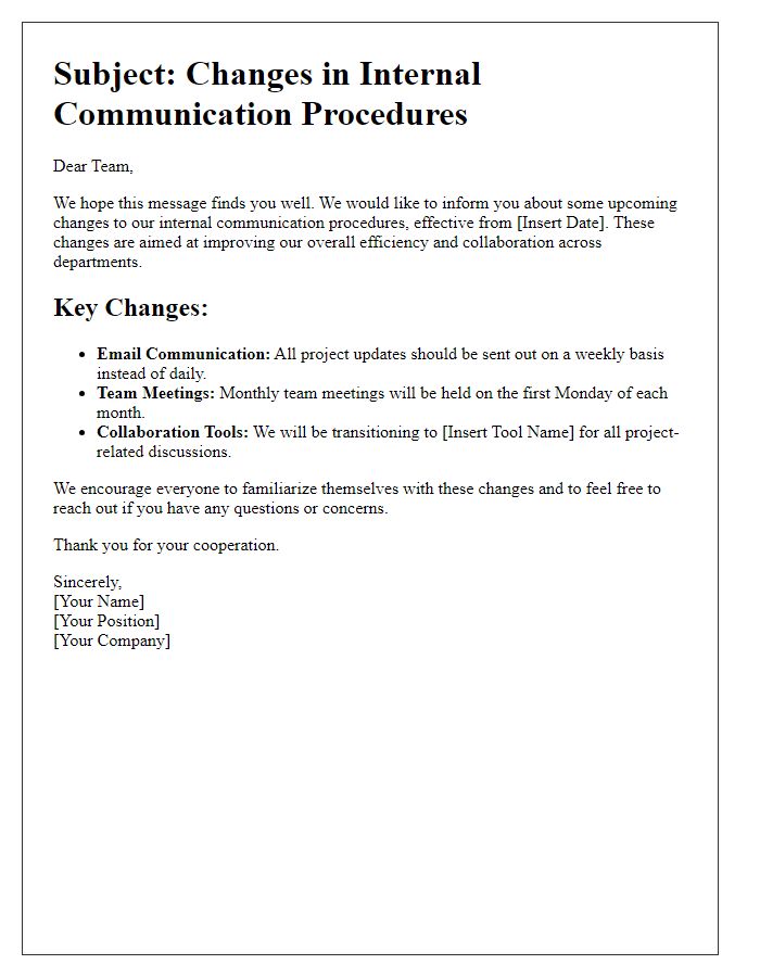 Letter template of changes in internal communication procedures