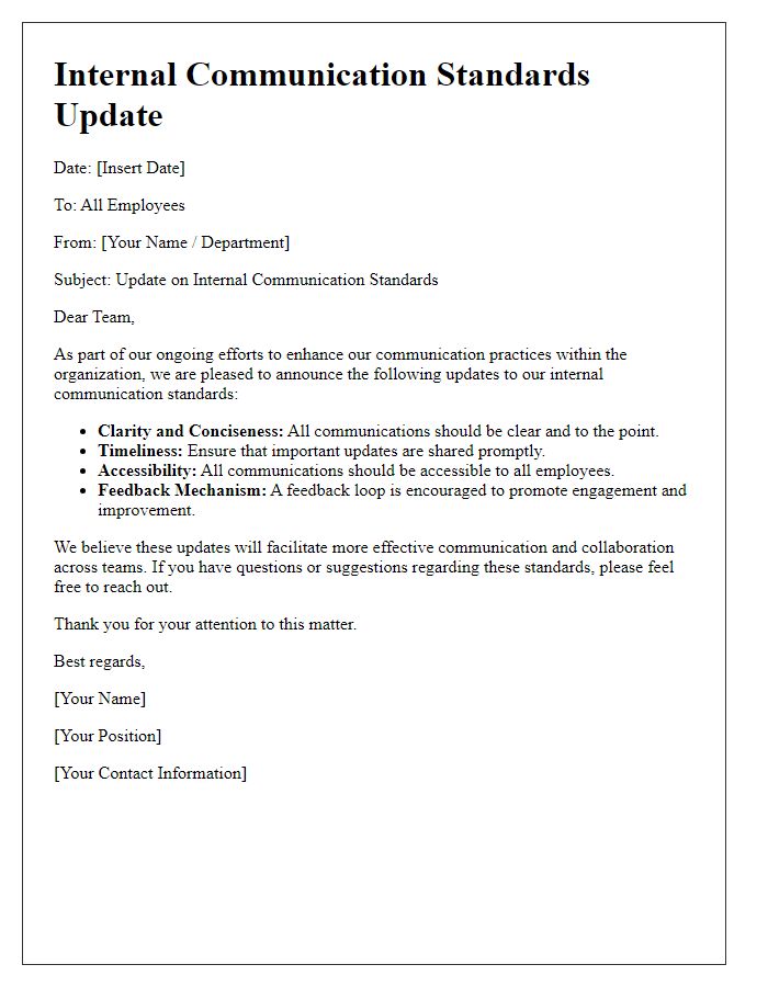 Letter template of internal communication standards update