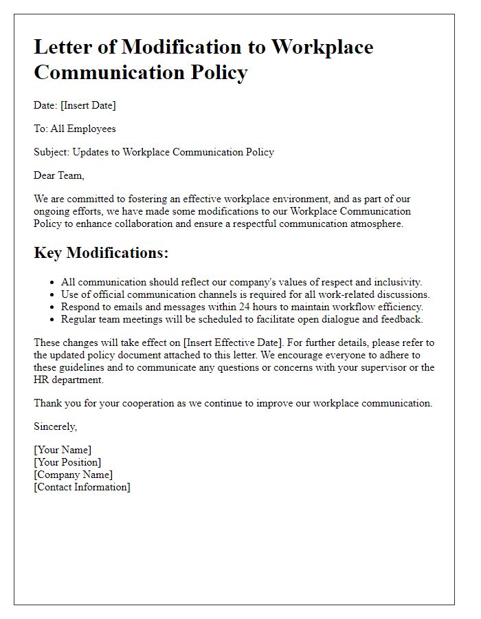 Letter template of modifications to workplace communication policy