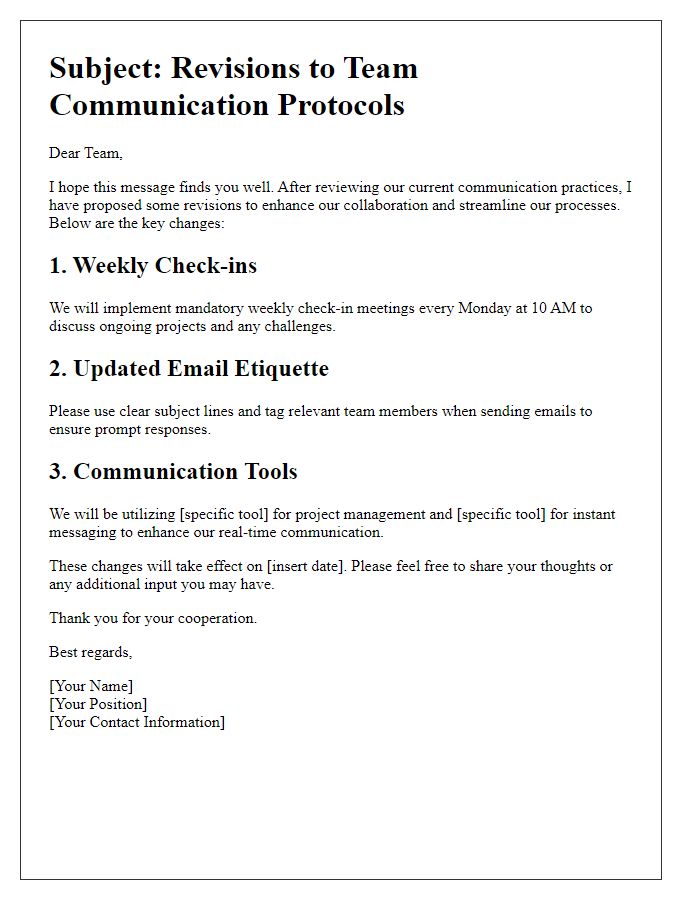 Letter template of revisions to team communication protocols