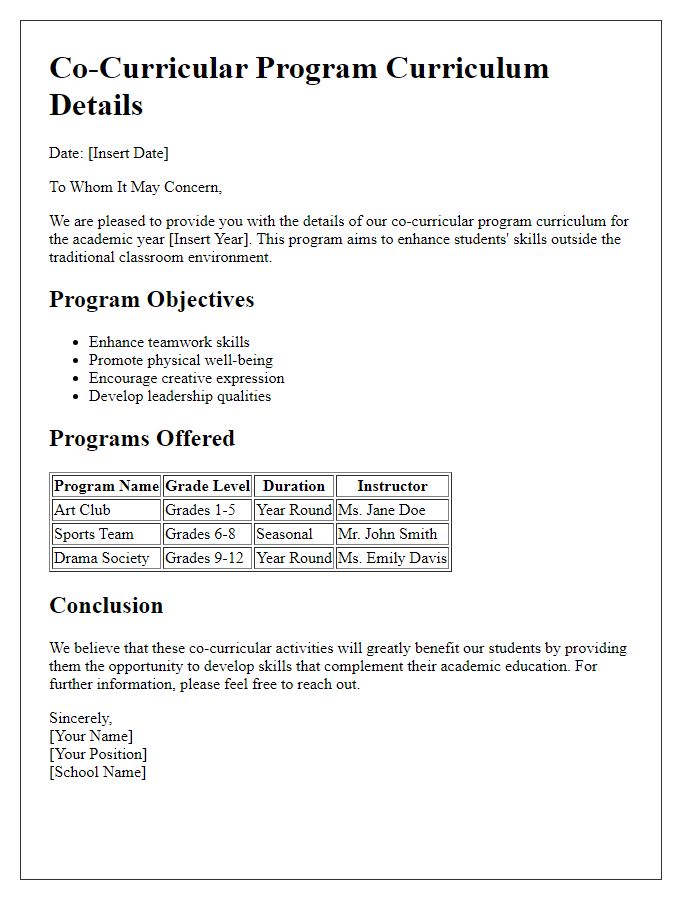 Letter template of co-curricular program curriculum details