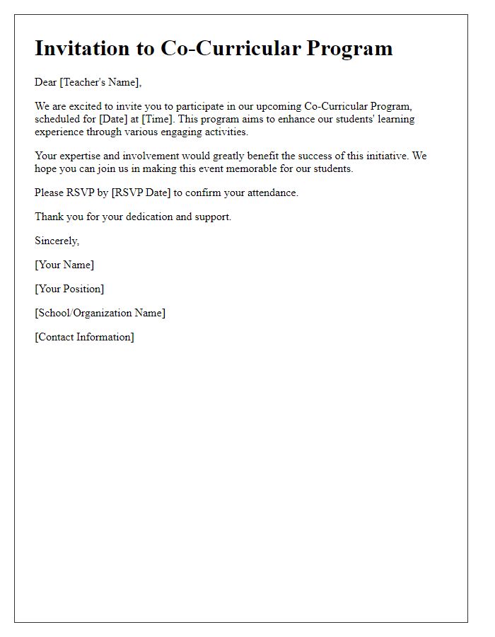 Letter template of co-curricular program invitation for teachers