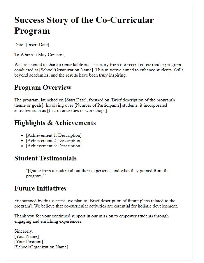 Letter template of co-curricular program success story