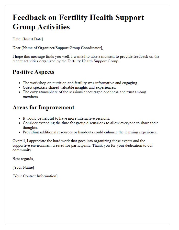 Letter template of feedback for fertility health support group activities