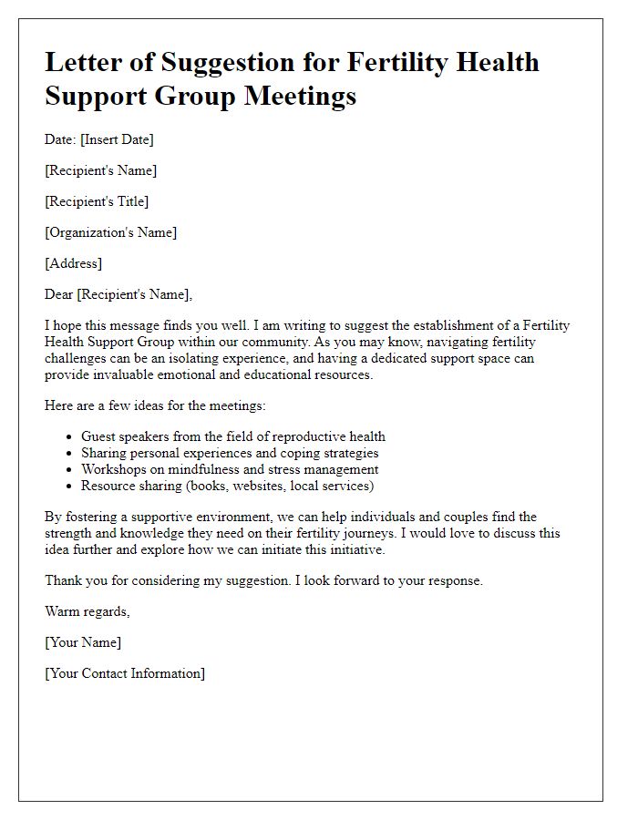 Letter template of suggestion for fertility health support group meetings