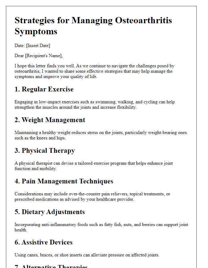 Letter template of effective strategies for managing osteoarthritis symptoms.