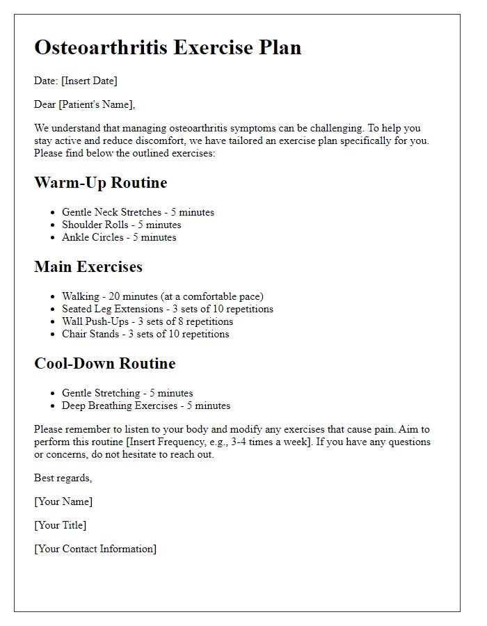 Letter template of exercises tailored for osteoarthritis symptom control.