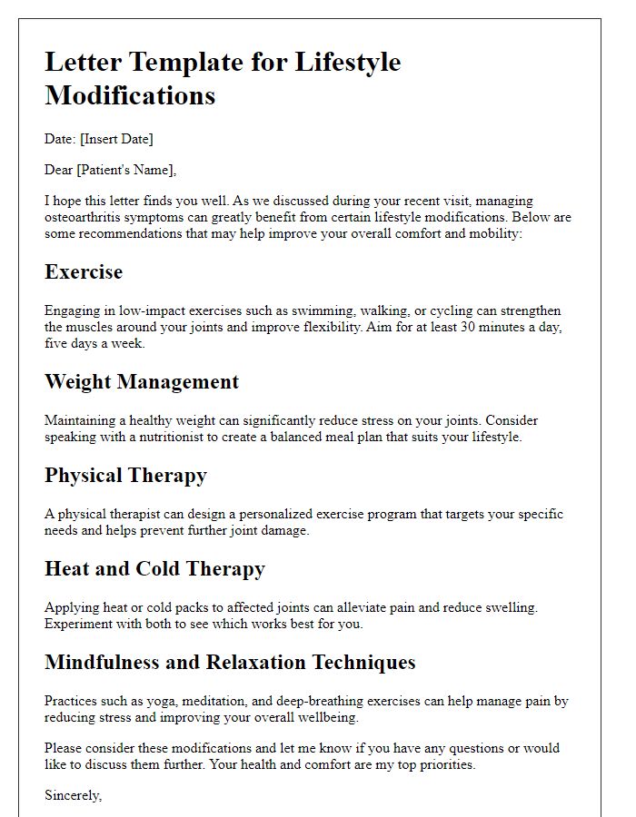 Letter template of lifestyle modifications for improving osteoarthritis symptoms.