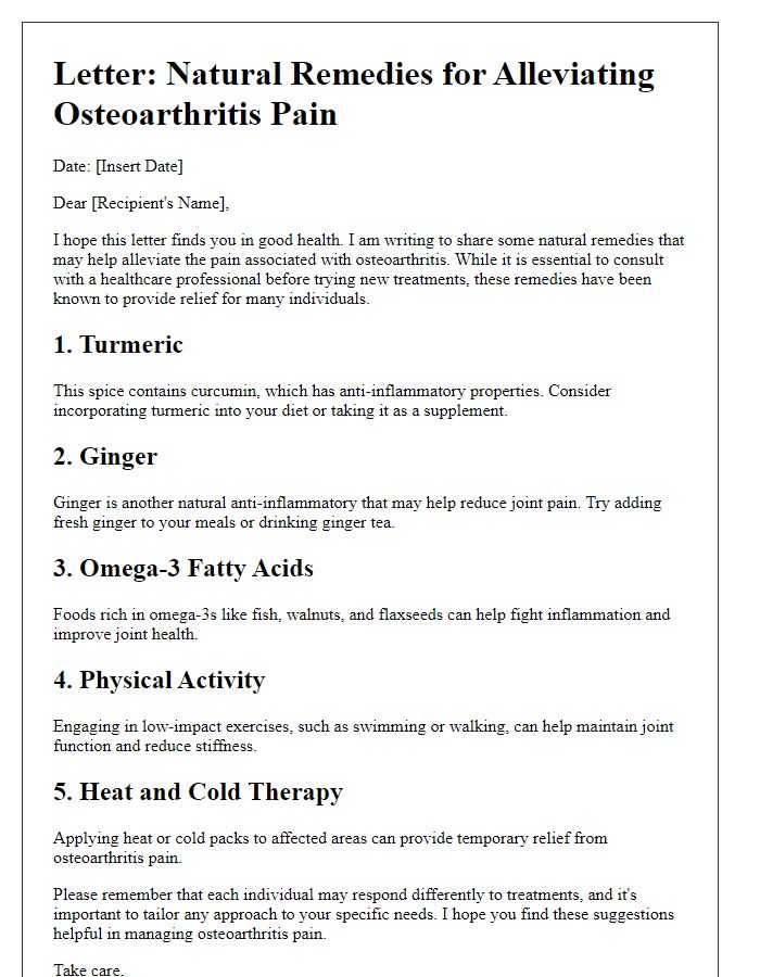 Letter template of natural remedies for alleviating osteoarthritis pain.