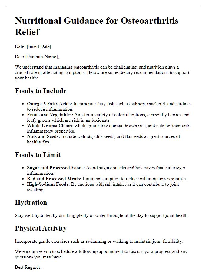 Letter template of nutrition and diet advice for osteoarthritis relief.