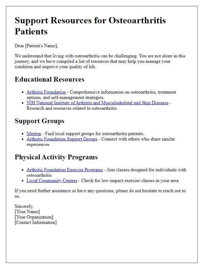 Letter template of support resources for osteoarthritis patients.