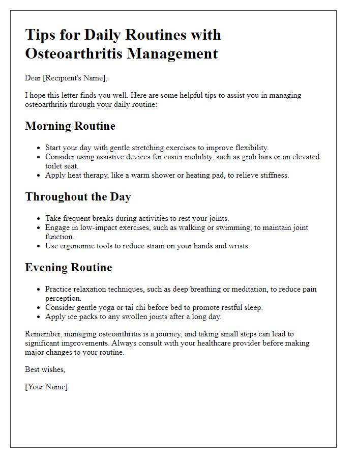 Letter template of tips for daily routines with osteoarthritis management.