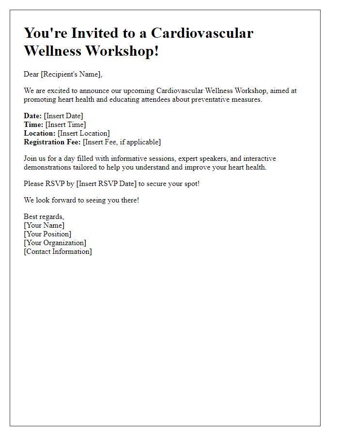 Letter template of announcement for cardiovascular wellness workshop.