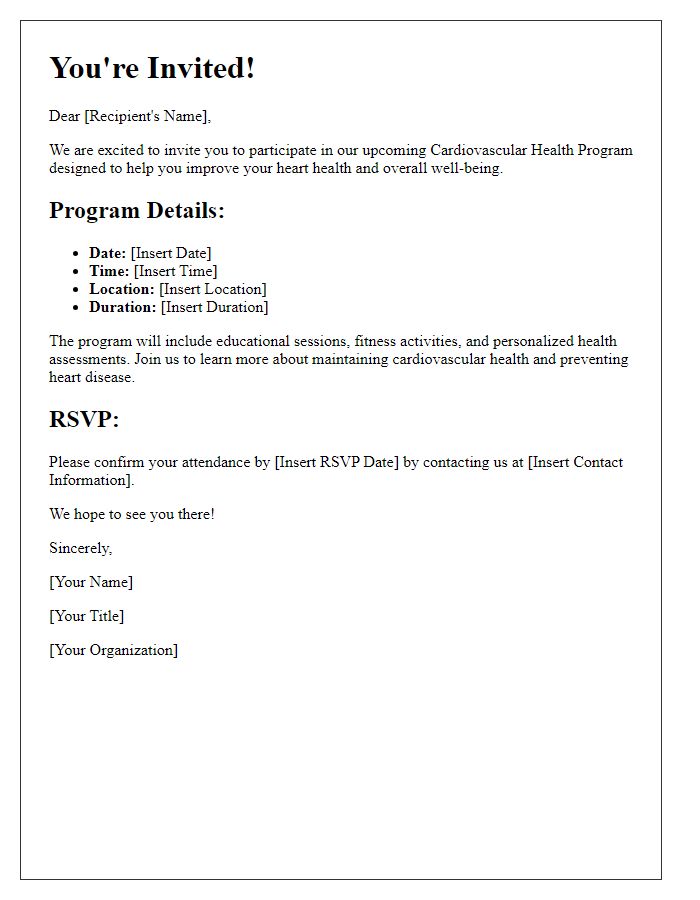 Letter template of registration invitation for a cardiovascular health program.