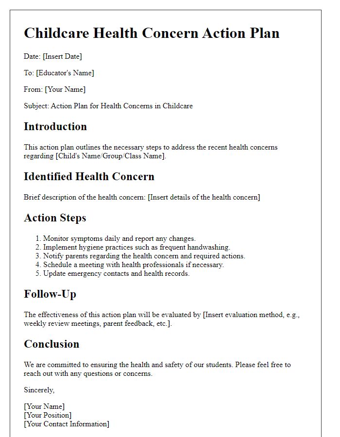 Letter template of childcare health concern action plan for educators.