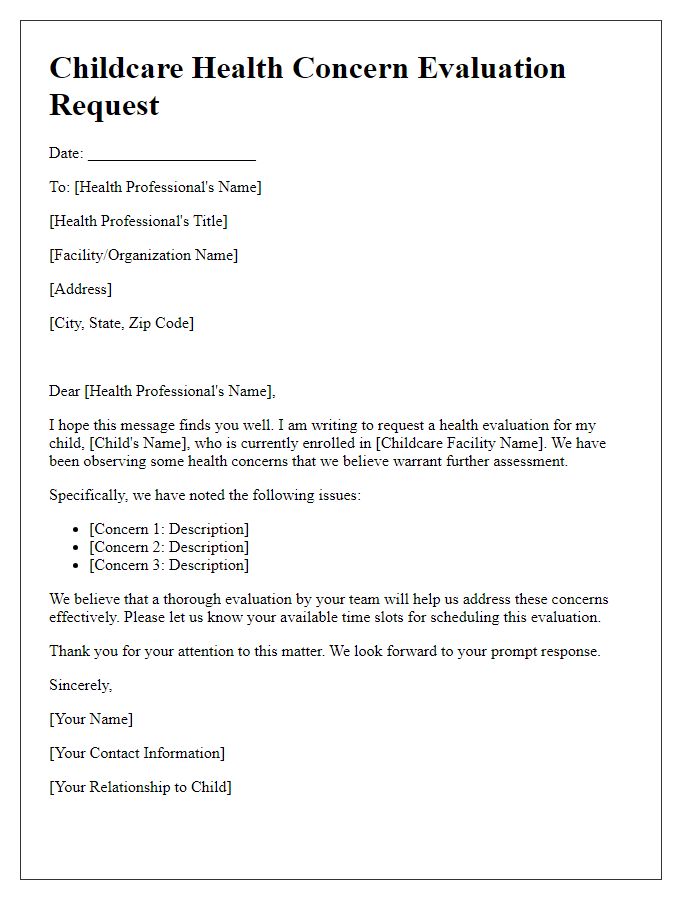 Letter template of childcare health concern evaluation request.