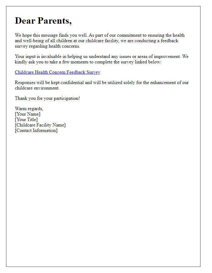 Letter template of childcare health concern feedback survey for parents.