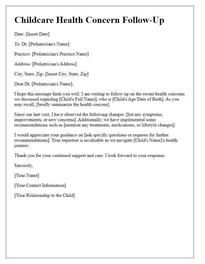 Letter template of childcare health concern follow-up for pediatricians.