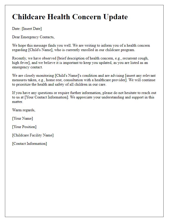 Letter template of childcare health concern update for emergency contacts.