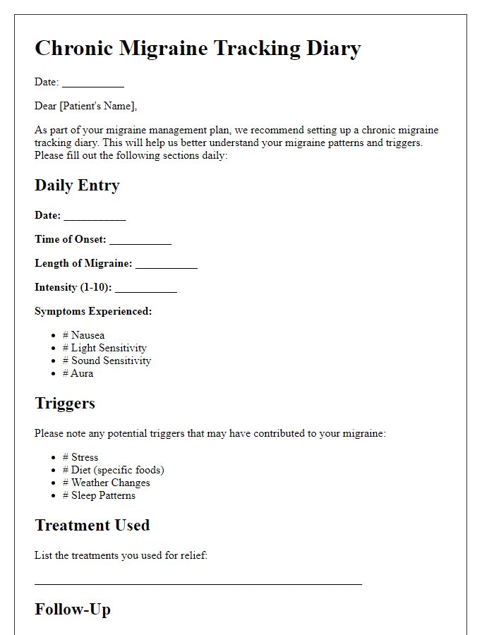 Letter template of chronic migraine tracking diary setup.