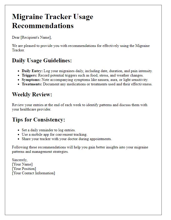 Letter template of daily migraine tracker usage recommendations.