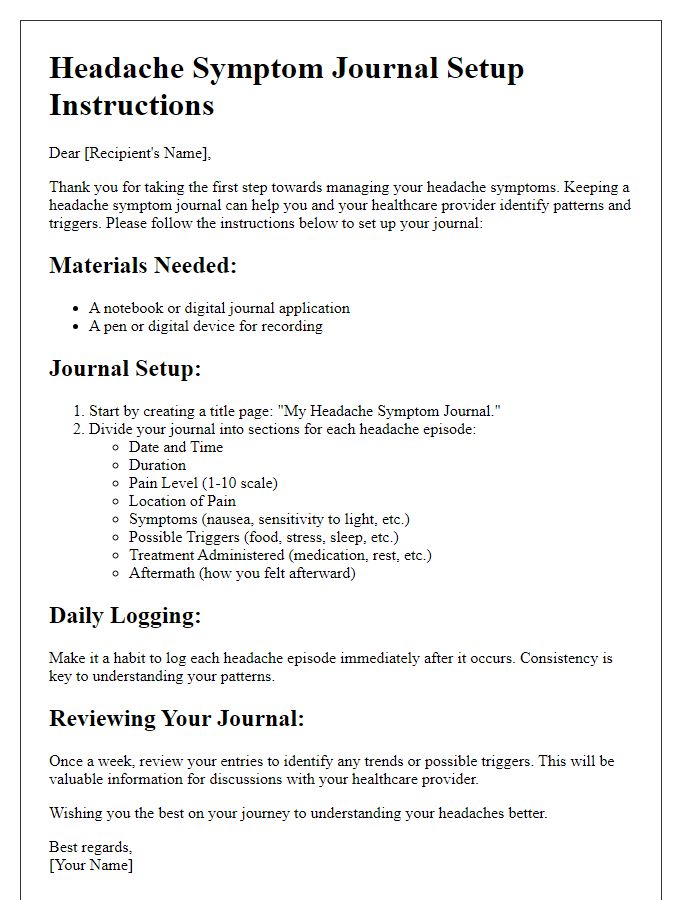 Letter template of headache symptom journal setup instructions.