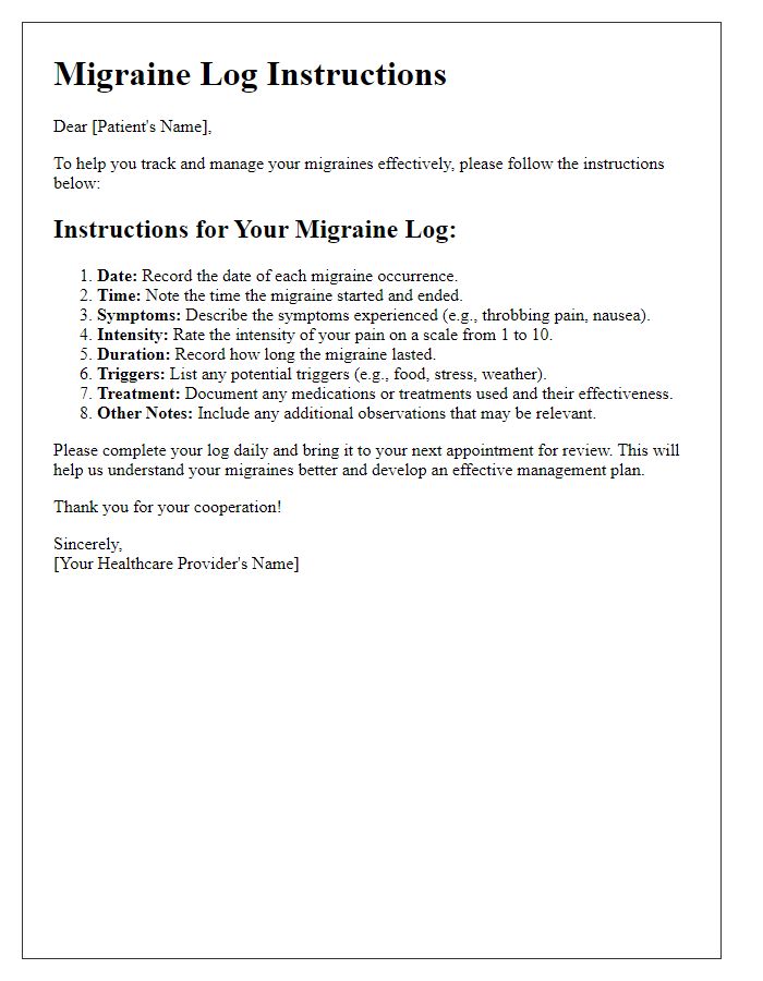 Letter template of migraine log instructions for better tracking.